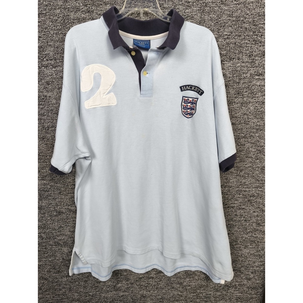 Hackett London England Crest Rugby Polo Shirt XXL Blue Short Sleeve Cotton